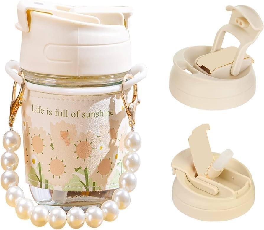 Mall Mini Elegant Glass Water Bottle with Pearl Chain Kawaii Portable 350ml Bottle with Straw Lid for Milk Coffee Bubble Tea for Grils Women Ladies