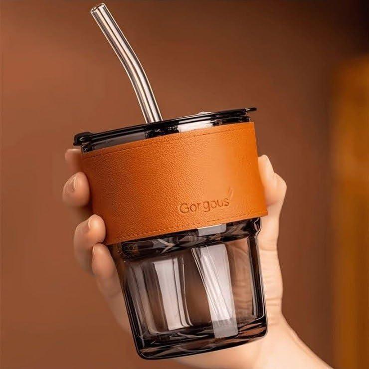Glass Tumbler with Straw & Lid | Reusable Drinking Cup with Leather Sleeve Grip | Leakproof Transparent Juice & Coffee Mug for Home, Office & Travel