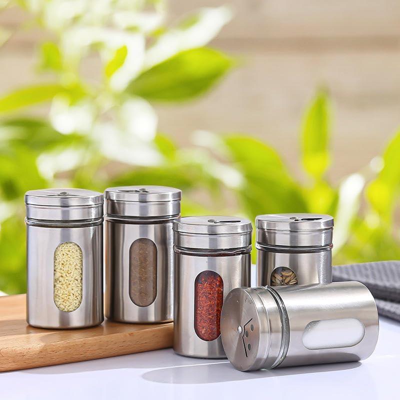 Spice Jar Stainless Steel Glass Pepper Shaker Bottle Stainless Steel Jumbo Plain Mukhvas Box Glass Salt & Pepper Shaker Container Multicolor Dispenser Lid, Kitchen Storage Organizer(packof5)