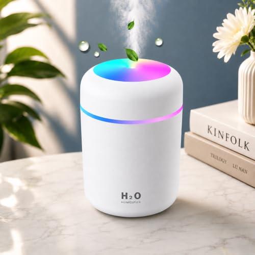 Portable H2O Humidifier – 300ML Ultrasonic Cool Mist Diffuser with Colorful LED Atmosphere Lighting, Quiet Desktop Air Humidifier for Car, Home, and Office(WHITE)