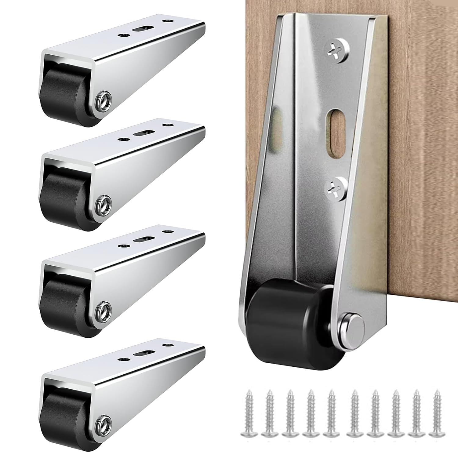 Side Mount Caster Wheels Set of 4, 2.68 Inch Heavy Duty Support Wheels for Wooden Doors, Smooth Rotation, Anti-Sag Door Bottom Pulley, L-Shaped Directional Mobility Rollers with Silent Bearings