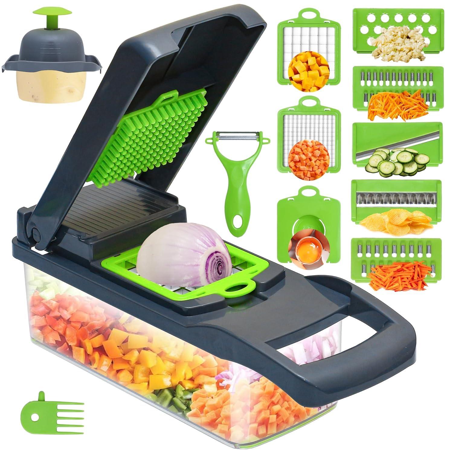 16 in 1 Vegetable Chopper with Container & 8 Stainless Steel Blades | Multifunction Veggie Cutter, Onion Chopper, Food Dicer & Slicer for Fruits, Vegetables & Easy Kitchen Meal Prep