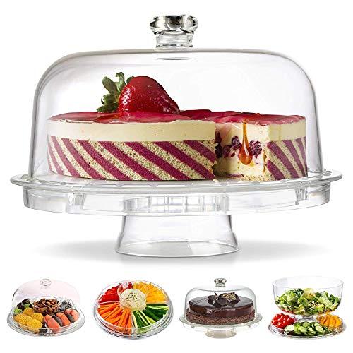 Acrylic Cake Stand with Dome Lid Cover, 6-in-1 Multi-Purpose Serving Platter, Salad Bowl, Punch Bowl, Dessert Tray, Veggie & Chip Dip Server(Size -11x4.5 inch) (Wooden Cake Stand with Dome)