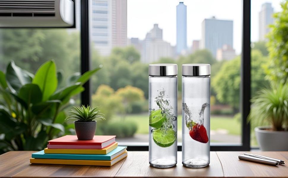 Glass Water Bottle with Leak-Proof Airtight Stainless Steel Lid for Water, Smoothie, Juices - Reusable Travel Glass Drinking Fridge Bottles - 750ml (Set Of 2)