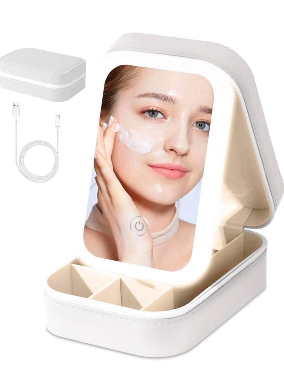 Makeup Mirror with Light USB Rechargeable Vanity Mirror Storage Box Lighting Modes Natural Cool Warm Light Touch Control Portable