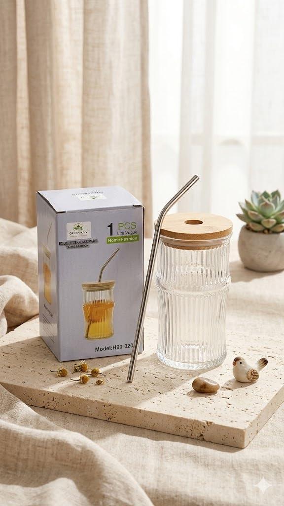 250 ML Reusable Glass Drinking Cup with Bamboo Lid & Stainless Steel Straw, Ribbed Glass Tumbler for Coffee, Tea, Juice, Smoothies and Cold Drinks