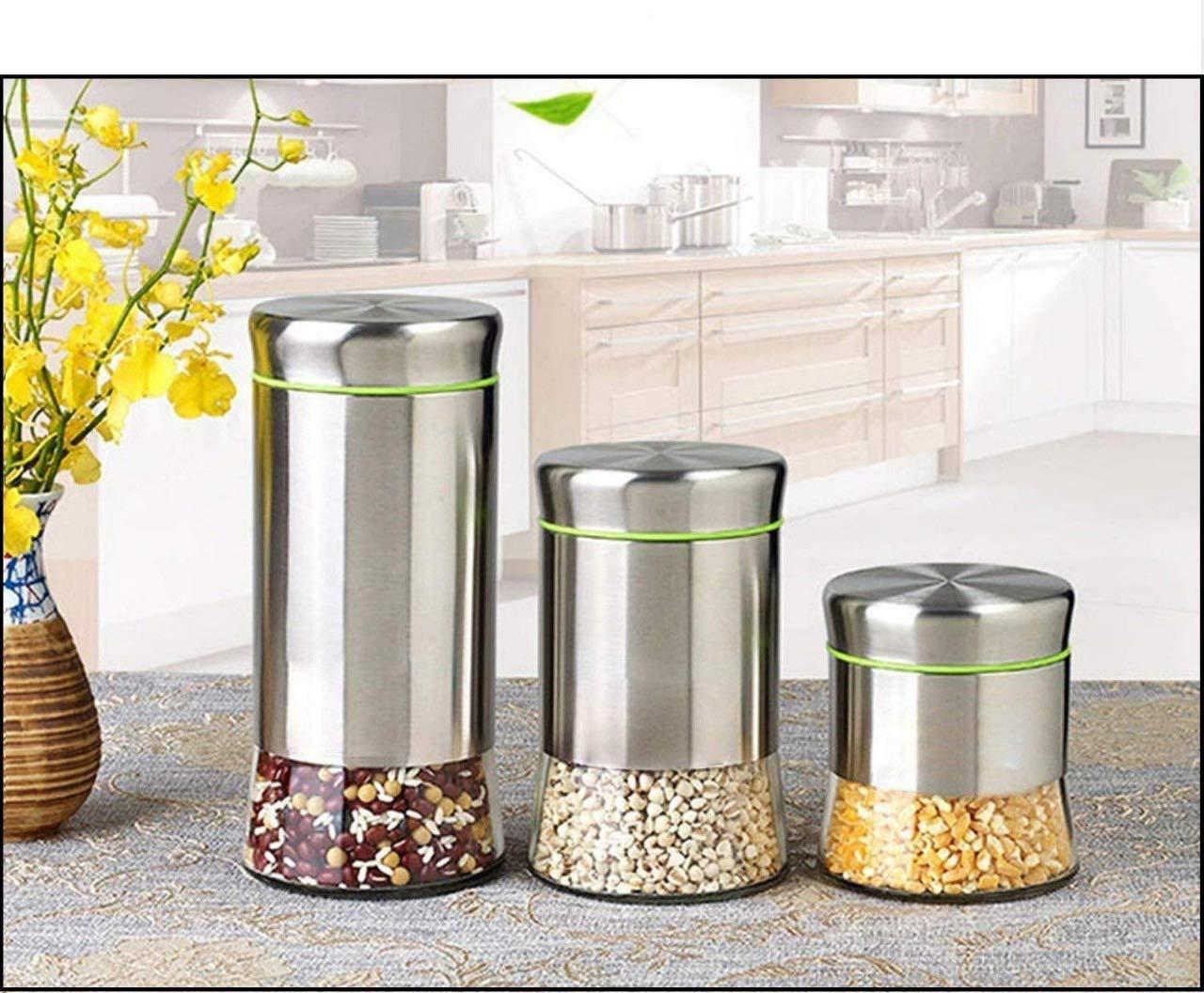 Stainless Steel Plated Glass Kitchen Canister, Airtight Food Storage Canisters, Visible Window Seasoning Cereal Container Organizer Set of 3 Pieces - 350 ml, 700 ml, 1000 ml Glass