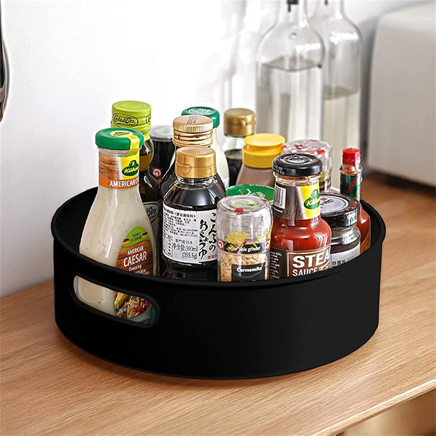 360° Rotating Tray Organizer for Kitchen, Pantry, Dining Table – Multipurpose Lazy Susan Turntable with High Sides & Handles for Spices, Bottles, Sauces & More (Black, Round)