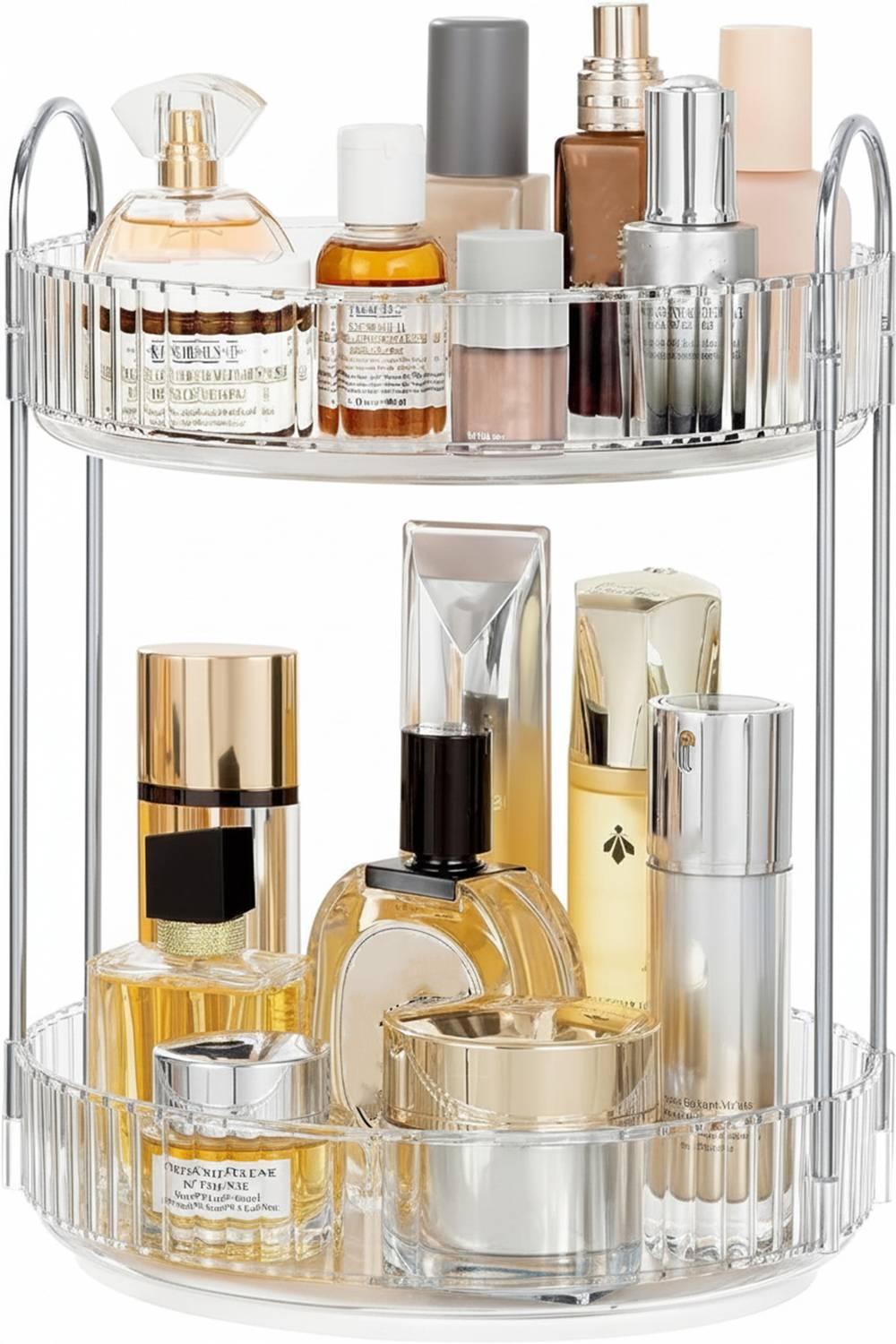 inovera 360 Rotation Cosmetic Makeup Display Case - 2 Tier, - Dressing Table Cosmetic Storage Case - Bathroom Vanity Skincare Holder Vanity Box