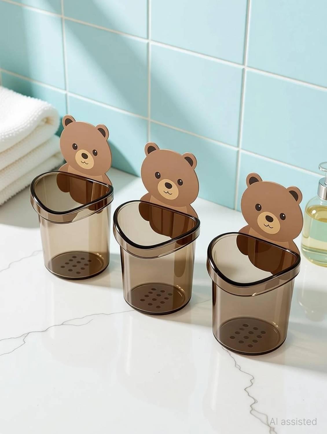 HANORA Wall-Mounted, Cute Bear Storage Cup, Organizer for Bathroom & Kitchen Storage Plastic Toothbrush Holder