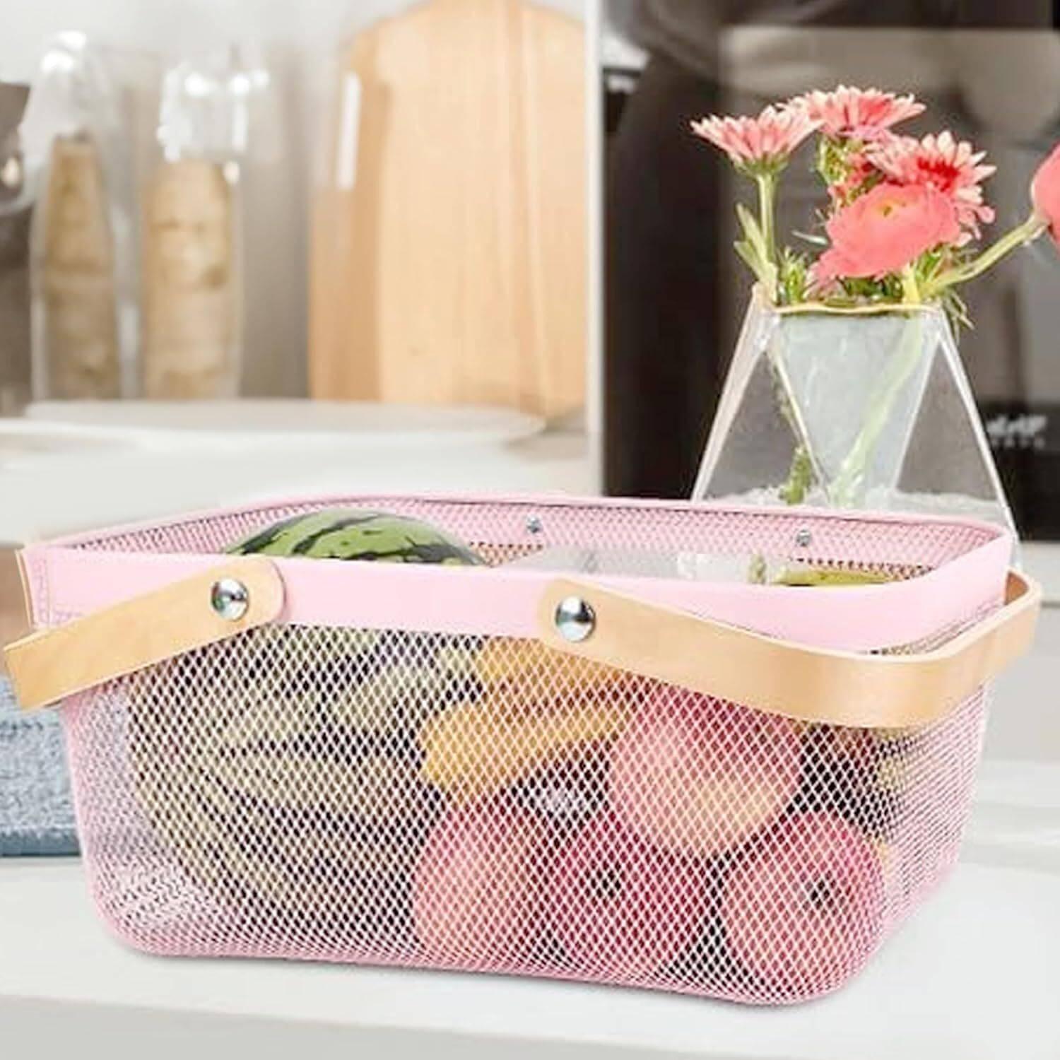 The Better Home Carbon Steel Metal Mesh Basket for Storage with wooden handle | 720gm Pink Multipurpose Storage Basket