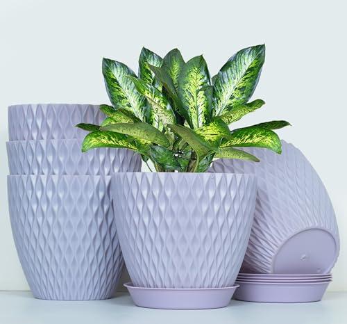 JRM Plastic Round Flower Pots 6.5 Inch with Drainage Holes & Tray Saucers | Indoor Outdoor Planters for Home, Balcony, Terrace, Garden & Office (Plant Not Include) (Grey, Pack of 5)