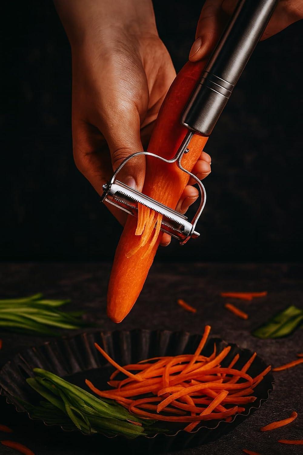 2 in 1 Stainless Steel Julienne Vegetable Peeler, Multi-Functional Shredder, Slicer and Grater for Potatoes, Carrots, Cucumbers