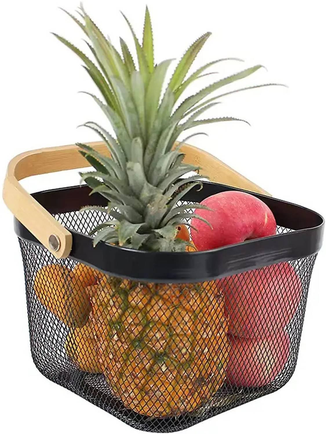 Ladila Fruit vegetable Basket Storage Organizer with Wooden Handle Wire Mesh Basket Steel Fruit & Vegetable Basket