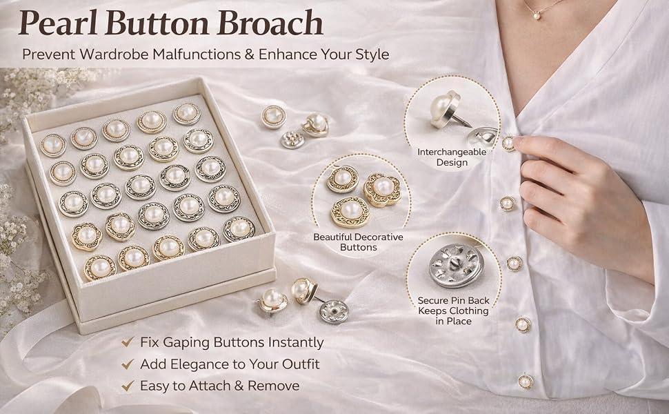 20pcs Brooch Pins for Women Cover Up Button Pins Instant Button Jeans Button Pins Women Shirt Safety Brooch Enamel Pins Modesty Pins Pearl Brooch Buttons for DIY Clothing Dress Coat
