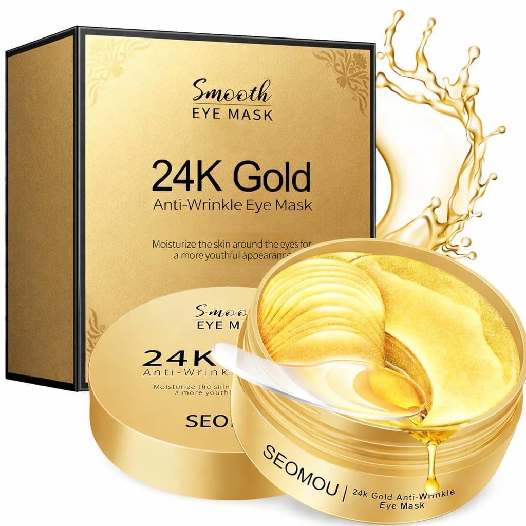 24K Gold Anti-Wrinkle Eye Mask Patches, Collagen Gel Pads for Dark Circles, Puffiness, Fine Lines, Hydrating, Firming & Brightening