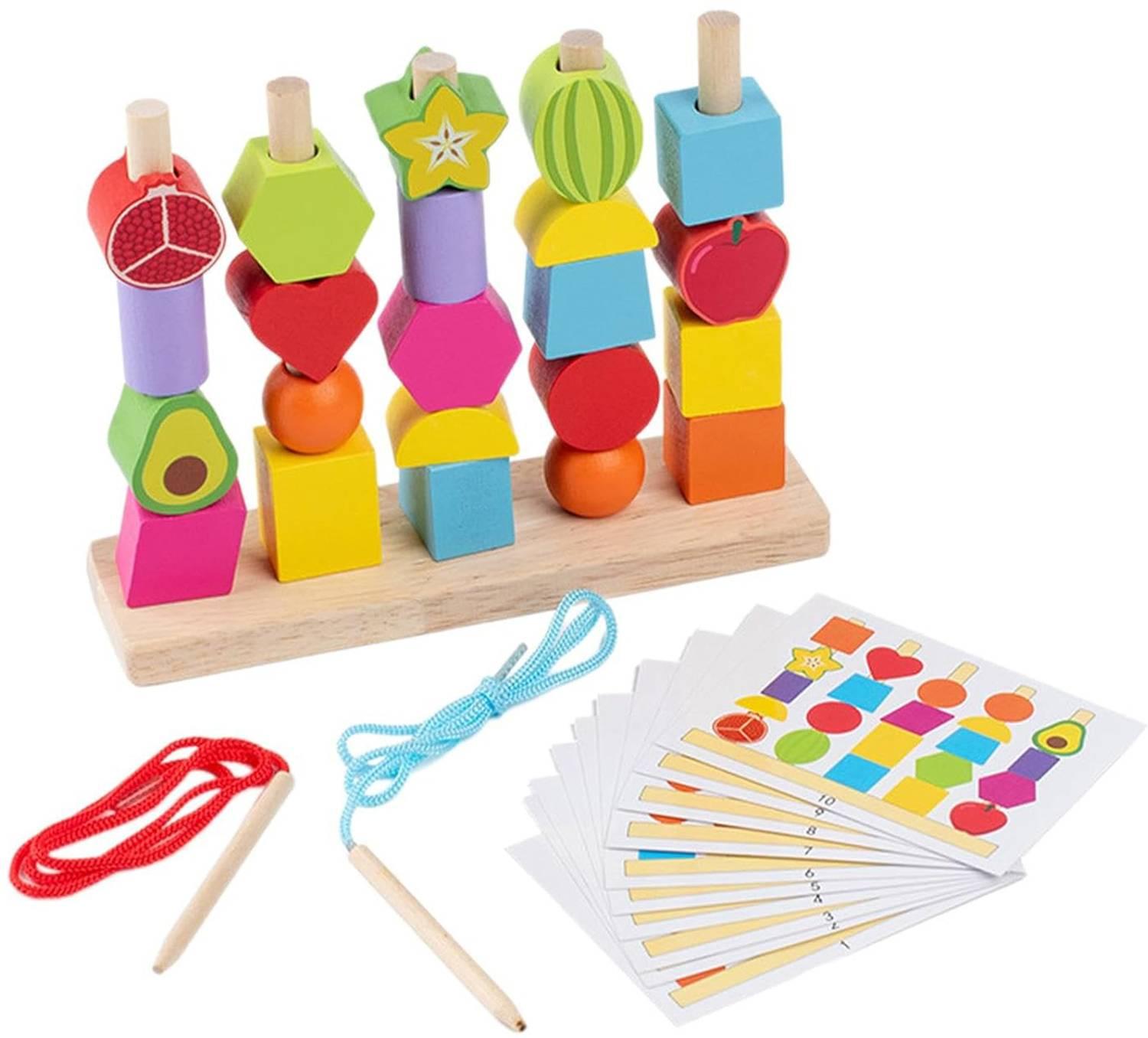 KIDOLOGY Montessori 2-in-1 Beads Sequencing Toy Stacking, Lacing, Shape Matching for 2+.