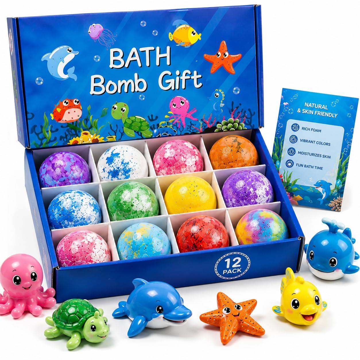 Bath Bombs for Kids Gift Set, 12 Colorful Bath Bomb with Surprise Gift Inside, Ocean Theme Fizzing Tub Fun, Moisturizing Foam for Soft Skin, Cute Toy Filled Bath Time Treat