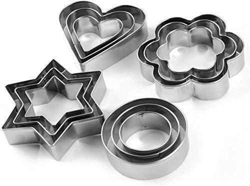 McMus Stainless Steel 12 Pieces Cookie Cutter Set | 4 Different Shapes, 3 Sizes with Mould Cake Decorating Tool, Stainless Steel Cookie Cutter with 4 Different Shapes (Set of 12)