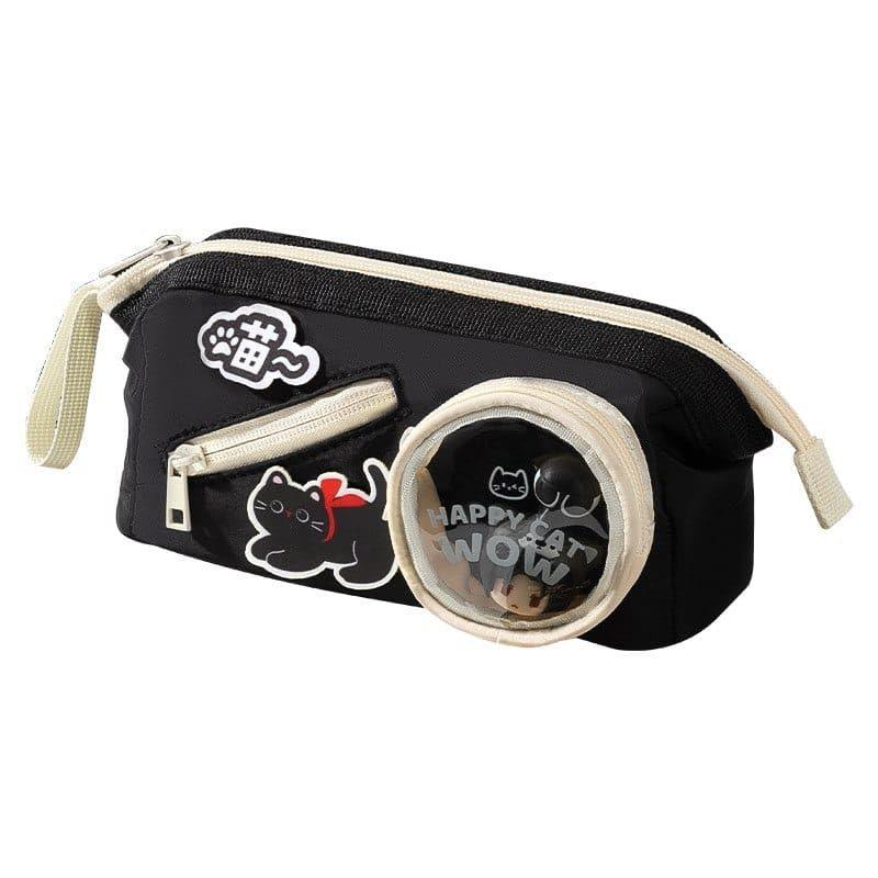 Cute Cat Pencil Case for Girls & Boys | Large Capacity Pencil Pouch with Transparent Pocket | Multi-Compartment Stationery Organizer | School & College Pen Bag | Black | 1 Piece