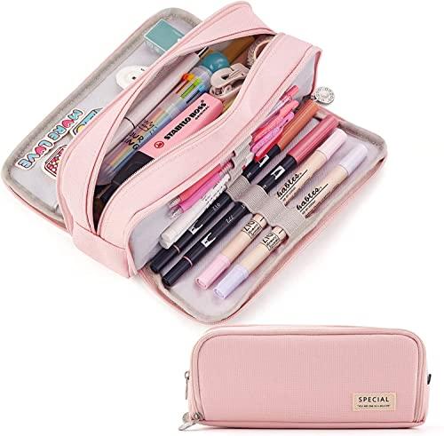 FINEMOE Canvas Large Capacity Pencil Pouch for School Girls & Boys, 3 Compartment Pencil Case, Aesthetic Stationery Pouch, Pen Organizer for School, College & Office, Blue