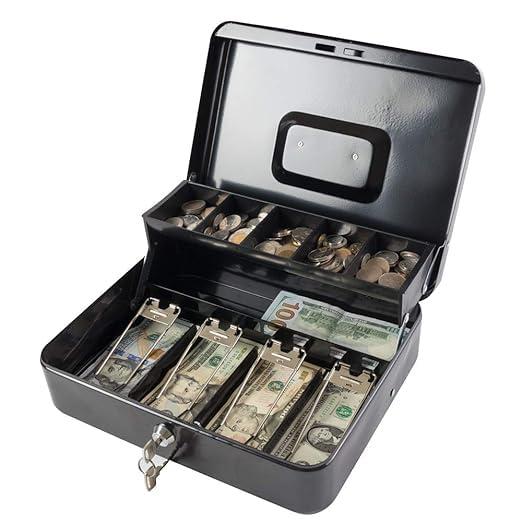 Large Cash Box with Money Tray and Lock, Metal Money Box Safe, Cash Register,5 Compartments Cantilever Tray & 4 Spring-Loaded Clips for Bills Red Combination Lock