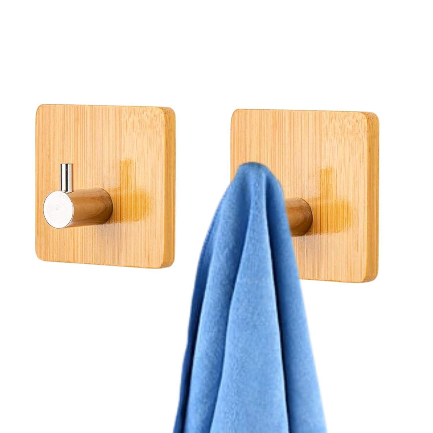 Wooden Wall Hooks for Hanging Bathroom and Kitchen Wooden Wall Hanging Hook, Wall Heavy Duty Home Decor Items for Bathroom Self Adhesive Hooks for Kitchen (2 Pcs Silver Square Hook)