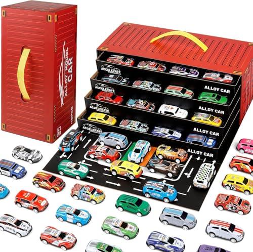 Toy Cars for Kids, 48 Pull Back Race Cars Toys, Container Storage Box, Die Cast Metal Tay Car Set, Racing Pattern, Race Car Party Favors, Small Caar for Boys Girls Toddlers 3-8 Years Old.(D)