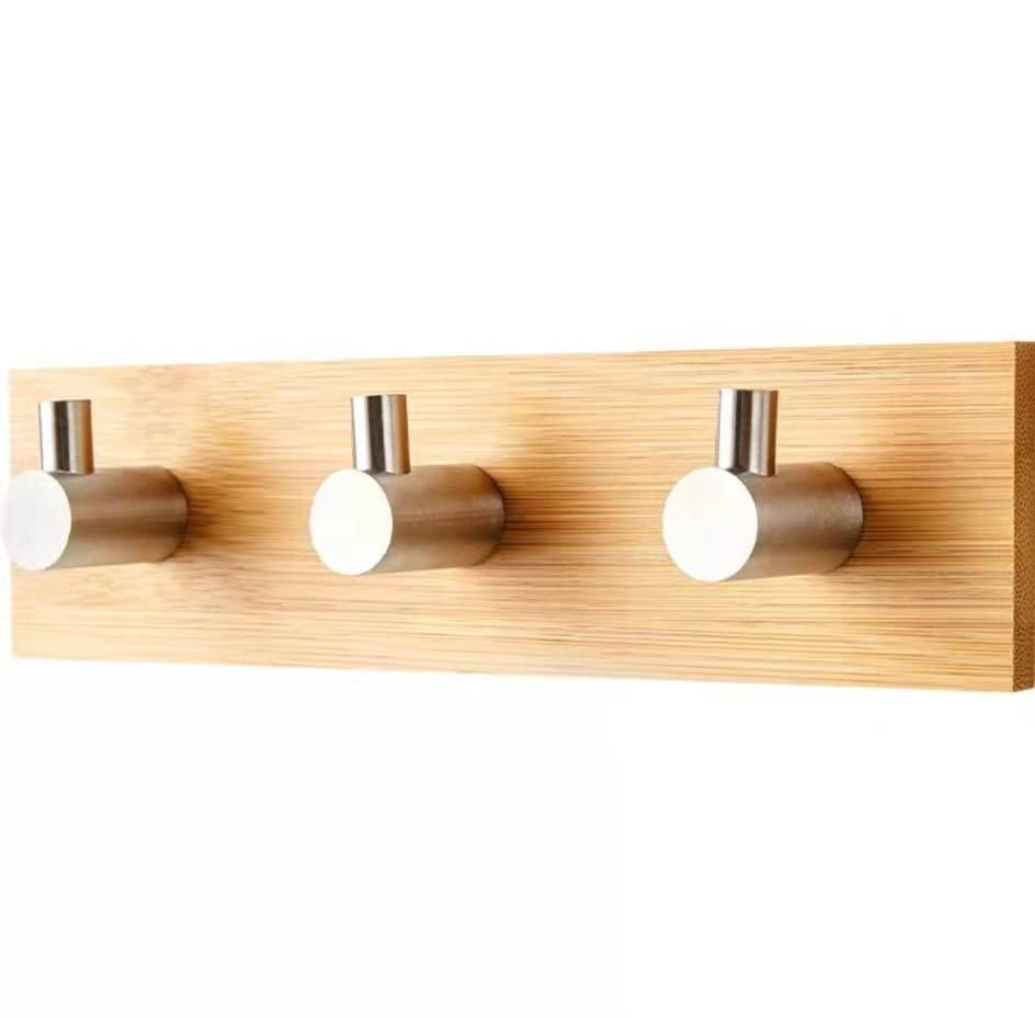 Wooden Wall Hooks, Stainless Steel Self Adhesive Wall Towel Hooks, Wooden Single Hook pegs for Hanging Hat Towel Robe Bag Coat Belt Keys Headset (L Shape Pack of 1, C - Three Hook)