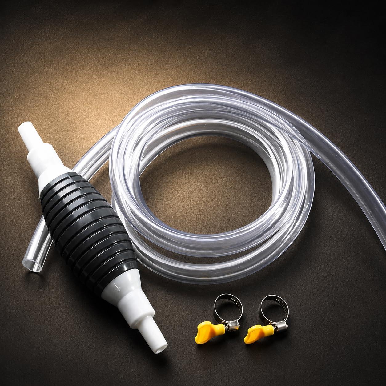Manual Hand Siphon Pump with PVC Hose & Hose Clamps – Fuel, Water, Oil & Liquid Transfer Pump – Portable Rubber Bulb Syphon Pump for Car, Motorcycle, Aquarium & Emergency Use