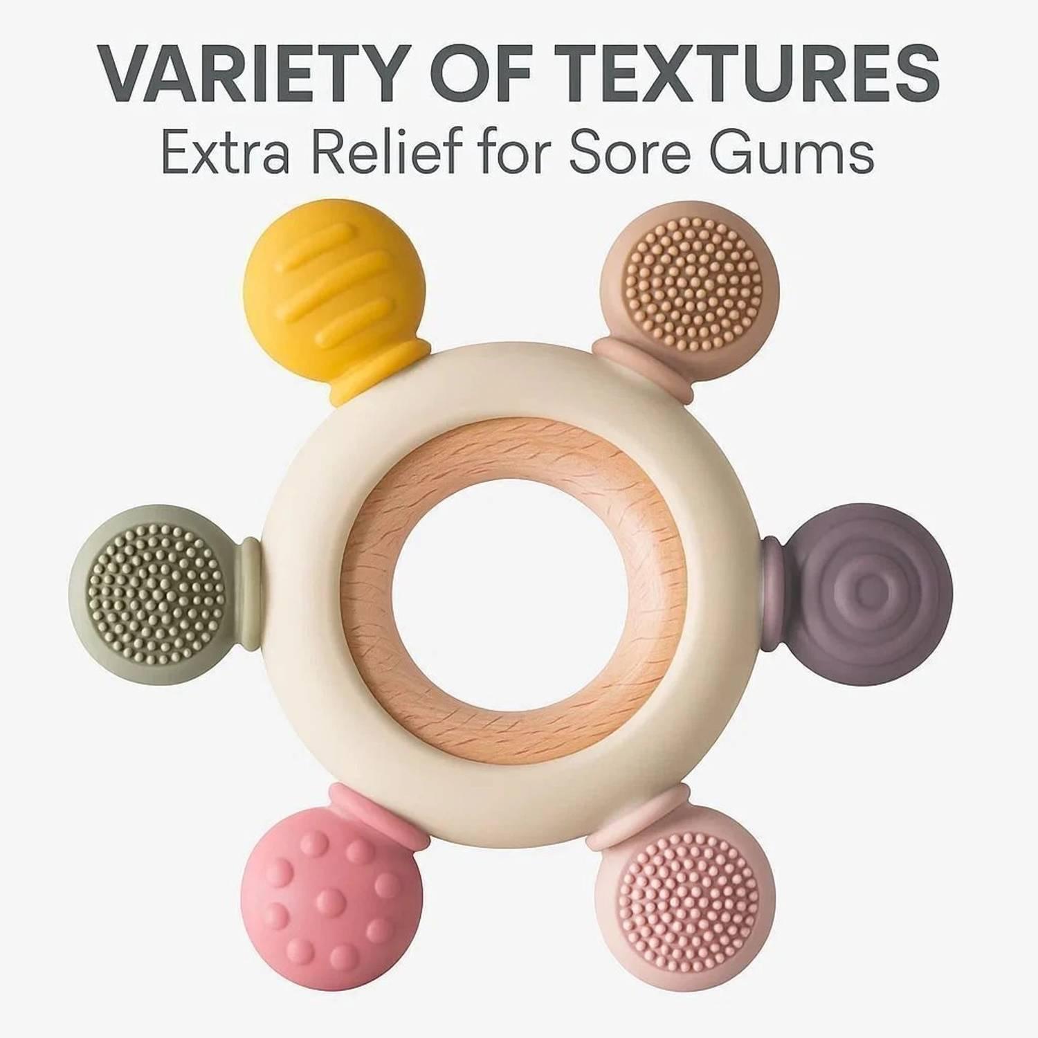 SM MegaCart Wooden & Silicone Baby Teether Ring – Soft Multi-Texture Teething Toy for Infant Teether