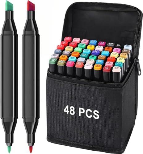 Dual Tip Art Markers Set 48 pcs - Vibrant Colors for Kids & Adults, Ideal for Coloring, Sketching, Drawing, and Painting, Includes Carry Case - Permanent Twin Head Sketch Pens (Art Marker 48 Pc)