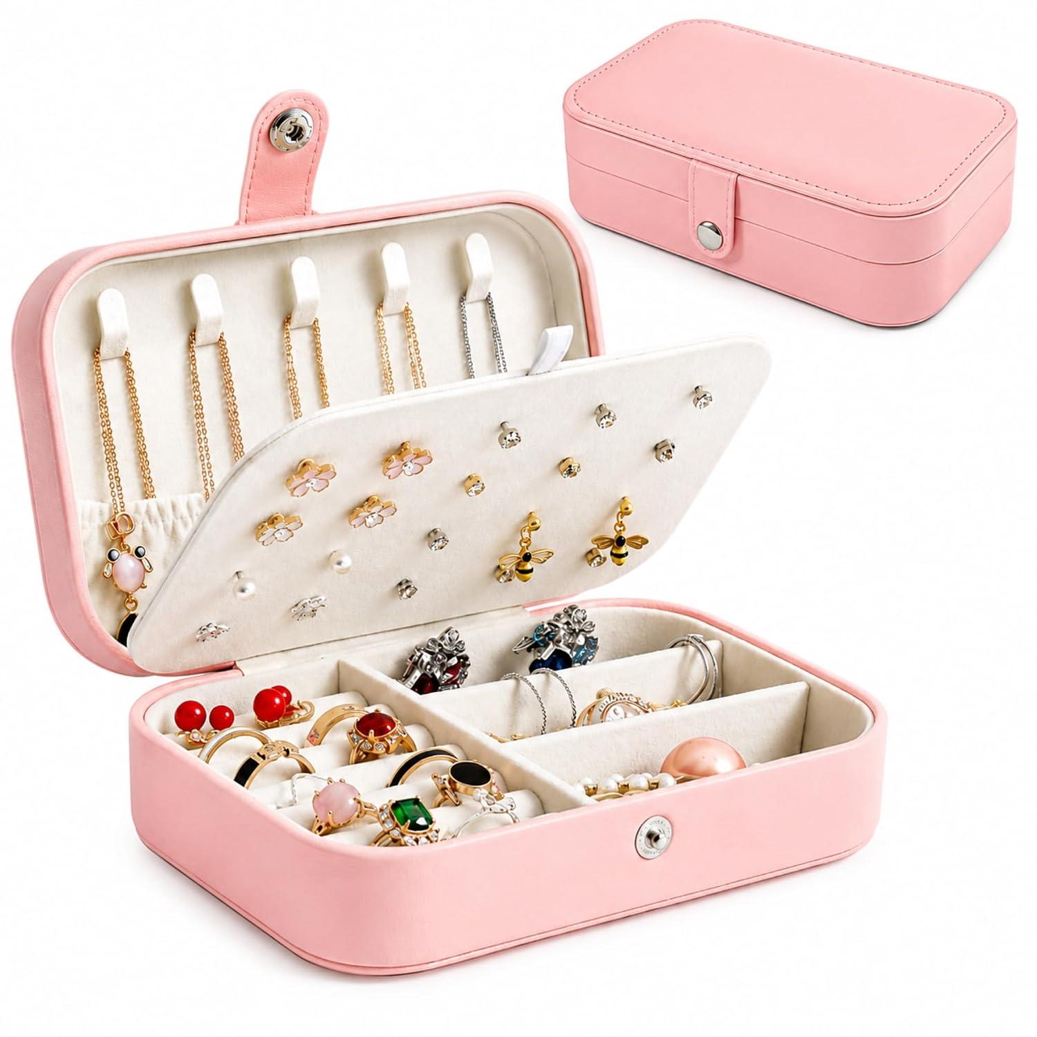 Jewelry Organizer Box for Women, Faux Leather Travel Jewelry Case with Ring Holder, Necklace Hooks & Removable Compartments, Portable Jewellery Organizer Box, Pink (16.5 x 11.5 x 5.5 cm)