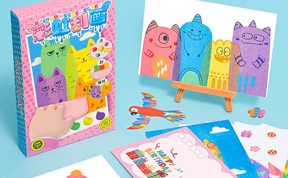 Scratch Art for Kids Gift, Squeegee Painting Kits, Magic Dot Paint Paper Set Notebooks, Rainbow Scratch Art Kit Party DIY Gifts for Girls and Boys Ages 6 7 8 9 10 11 +(New English Instructions)