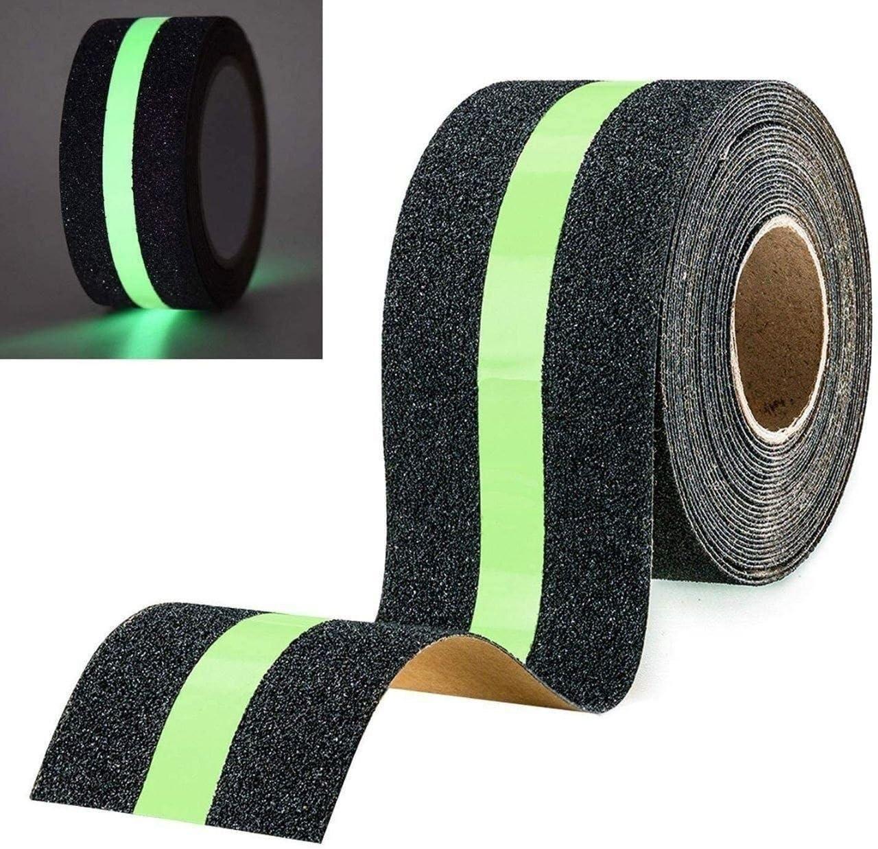 Anti Slip Tape for Stairs, Waterproof Heavy Duty Non Skid Stair Safety Grip Tape, Self Adhesive Anti Skid Traction Strip for Indoor Outdoor Steps (Black with Green Glow Stripe, 5 Meter)