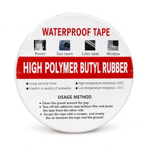 Waterproof Butyl Rubber Tape for Roof Leakage Repair High Polymer Self Adhesive Sealing Tape for Terrace, Pipe, Water Tank, Window & Wall Cracks Weather Resistant -15°C to 120°C Silver 2In X 5Mtr