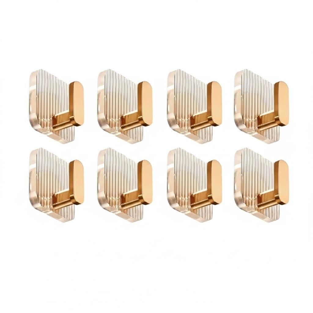 Self Adhesive Wall Hooks for Hanging – Pack of 8 | Heavy Duty Transparent Acrylic Hooks with Gold Finish | Waterproof & Rustproof | Drill-Free Strong Stick on Hooks