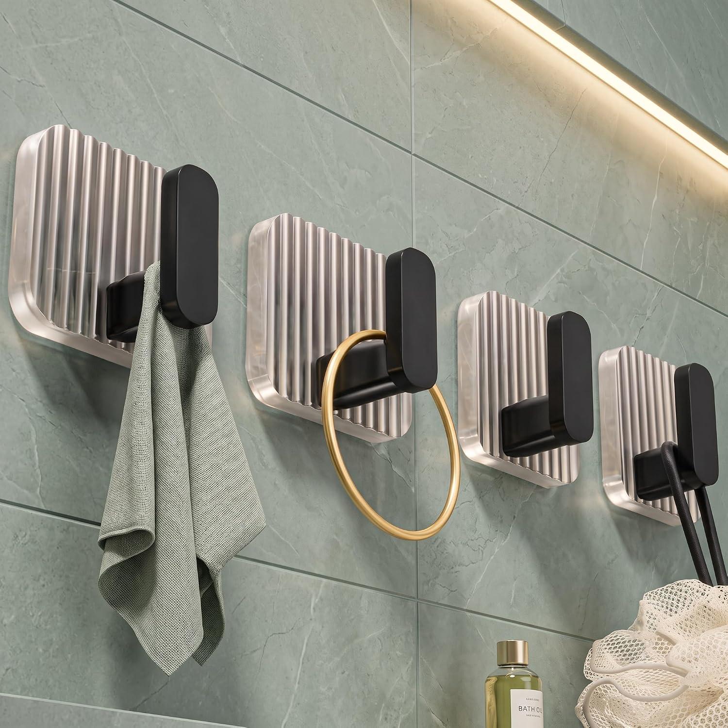 Luxury Acrylic Self Adhesive Wall Hooks | Heavy Duty Bathroom & Kitchen Hook | No Drill Waterproof Wall Hanger for Towels, Robes, Keys & Accessories (Black, Pack of4)