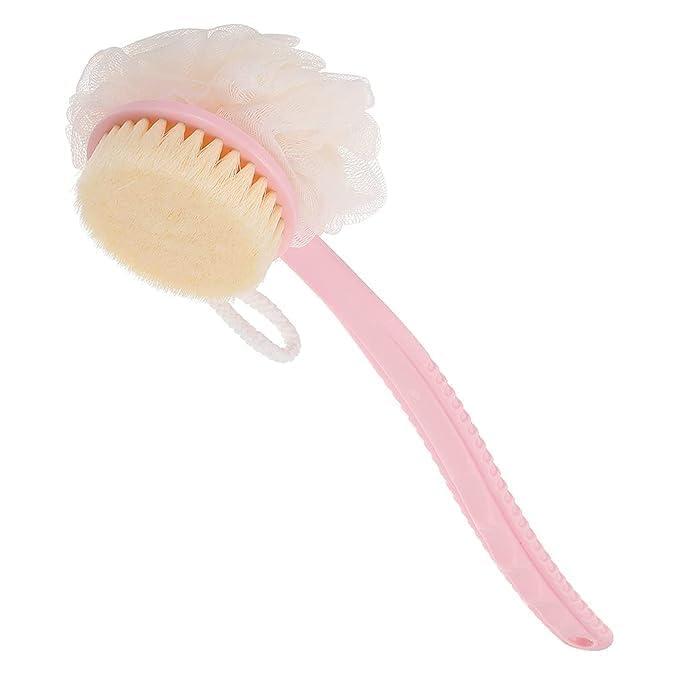 Shower Body Brush with Bristles and Loofah, Back Scrubber Bath Mesh Sponge with Curved Long Handle for Skin Exfoliating Bath Suitable for Wet or Dry, Men and Women