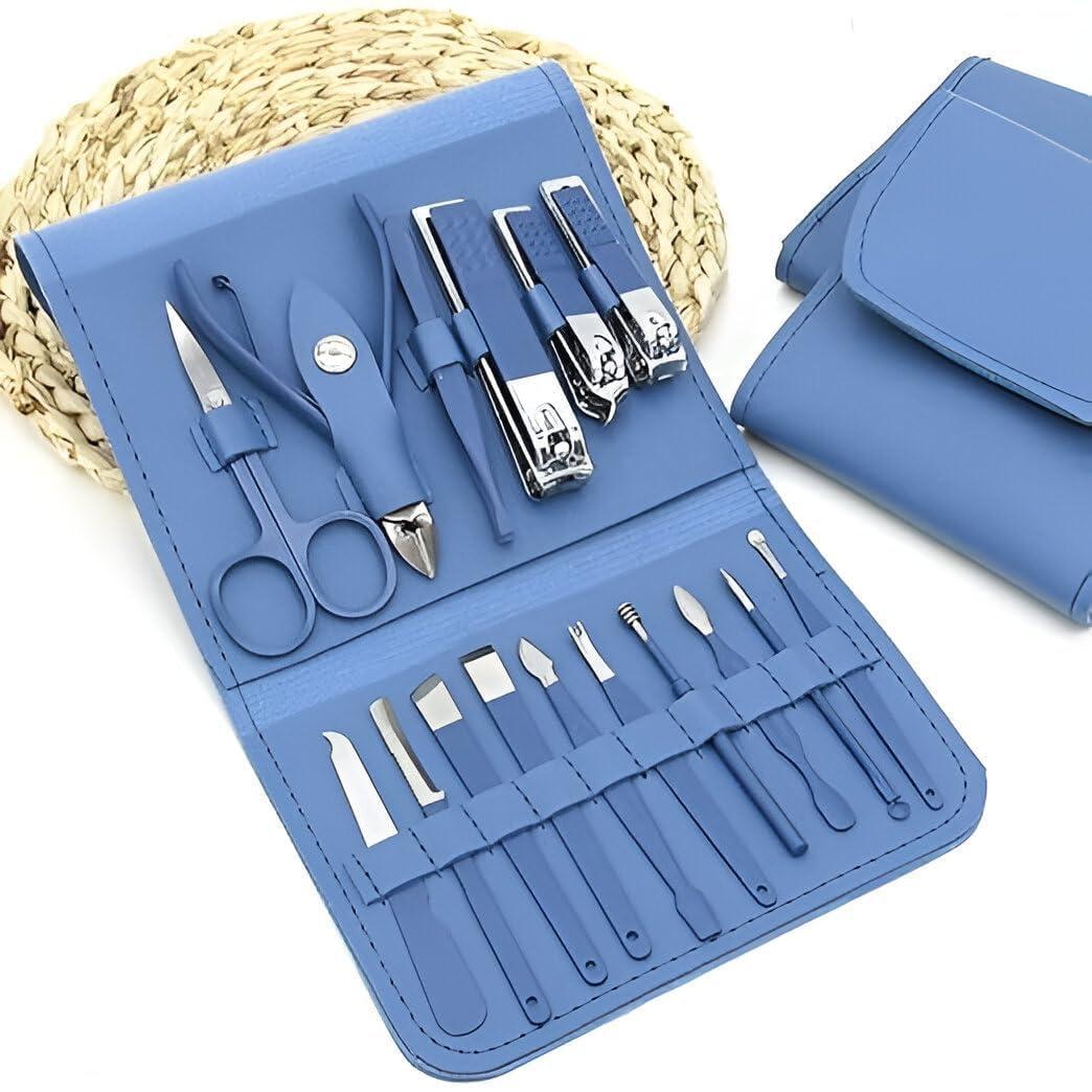 LET'S BUY 16 in 1 Manicure Set, Professional Stainless Steel Nail Clipper and Pedicure Kit, Complete Grooming and Facial Care Tools with Travel Case, for Men and Women (Blue)