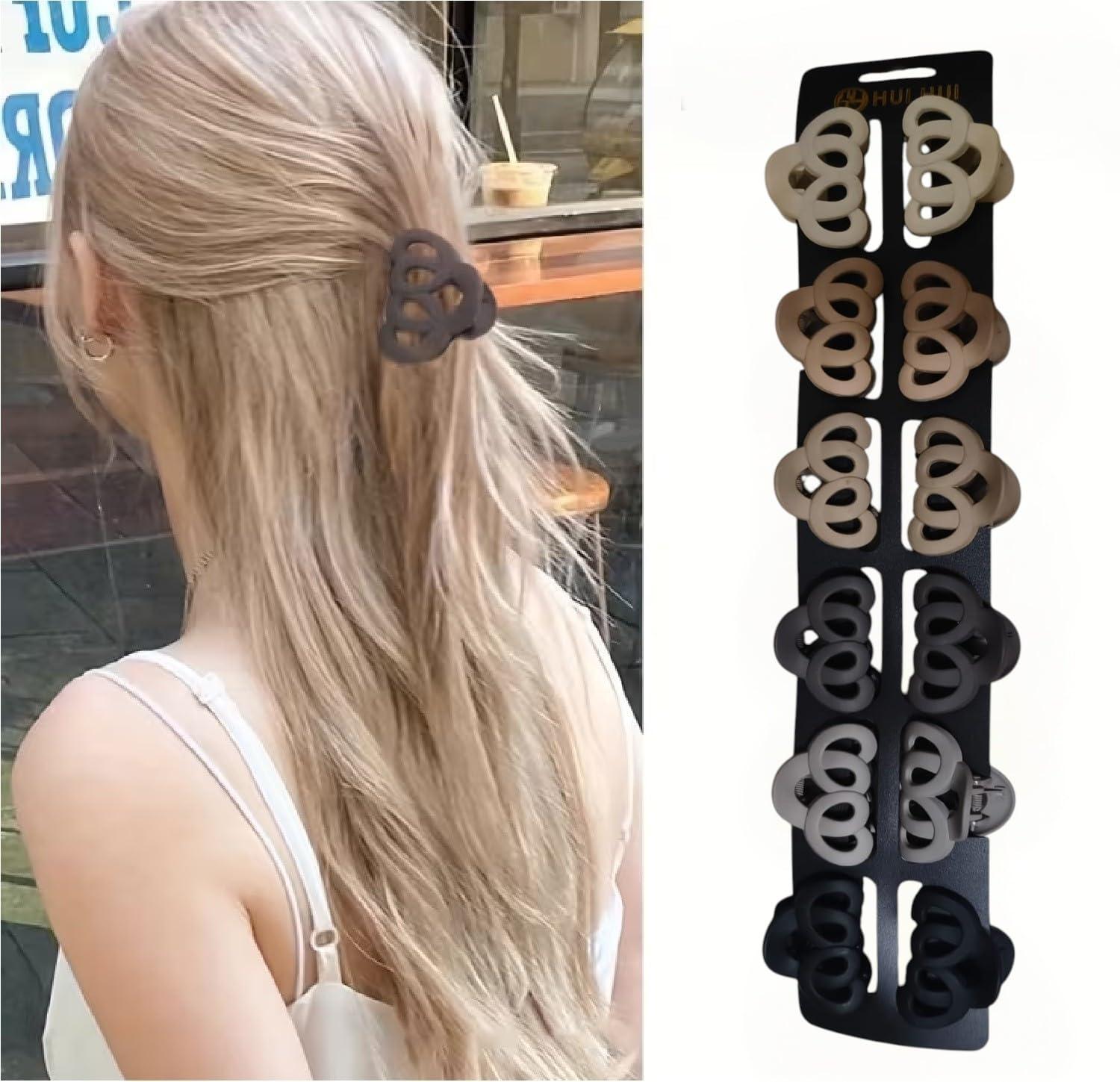 Mini Matte Hair Claw Clips Set for Fine Hair, Non-Slip Small Jaw Clips for Women, Neutral Tones in black, Grey, Brown, Caramel, Ivory, Beige (12-Piece)