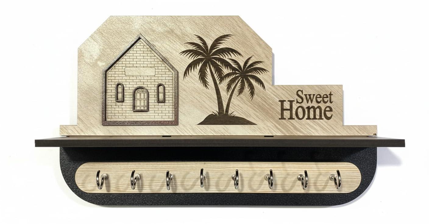 Wooden Key Holder for Wall – Sweet Home Entryway Key – Wall Mounted MDF Wood Design with 8 Heavy-Duty Metal Hooks (30cm x 18cm)