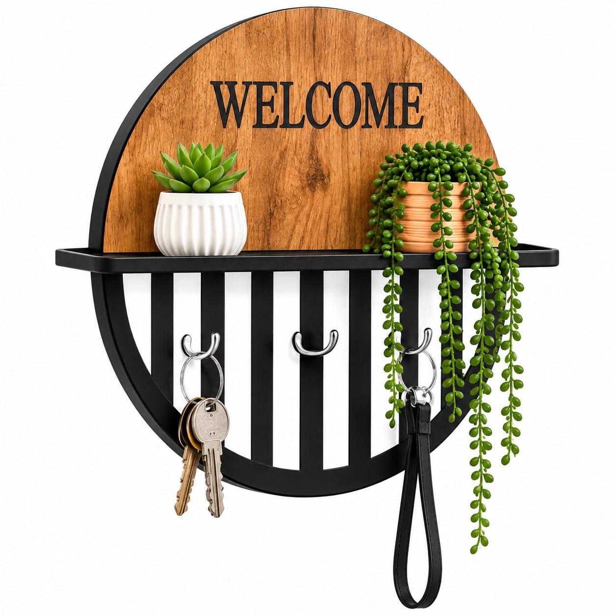 Wall Mounted Key Holder with Shelf, Hooks Wooden Welcome Home Key Organizer