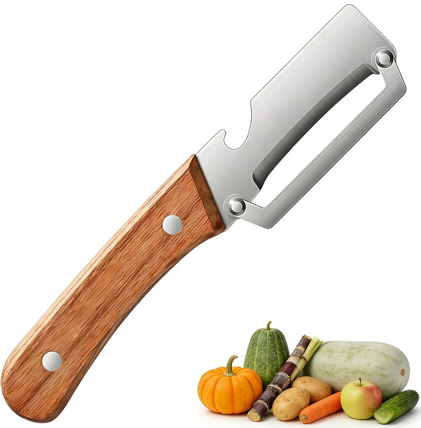 Multi-Functional Vegetable Peeler for Kitchen | Stainless Steel Peeler with Wooden Handle & Bottle Opener | Single Blade for Fruits and Vegetables | 1 Piece (Silver)