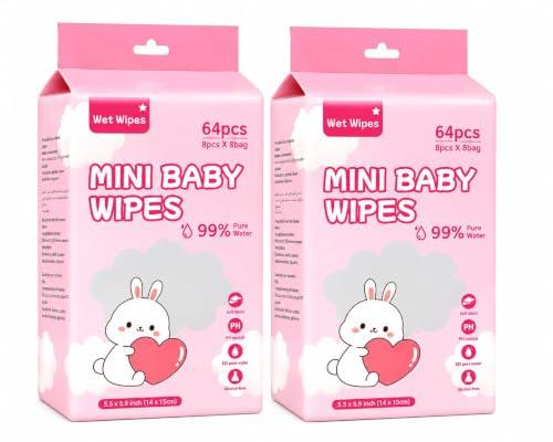 Pocket Wet Wipes 64 Count (8 Packs x 8 Wipes) | 99% Pure Water Wet Tissues | Alcohol Free & Fragrance Free Baby Wipes | Travel Wipes for Hand Face Cleaning | Pocket Size Wet Tissue for Kids & Adults-EESOME (128 COUNT)