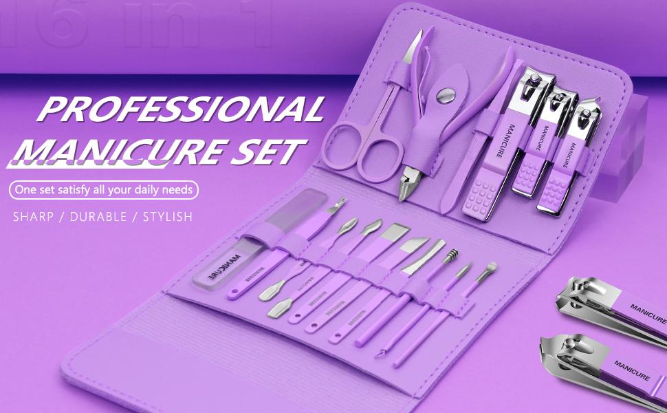 Manicure Set Professional Nail Clippers Pedicure Kit, 16 pcs Stainless Steel Nail Care Tools Grooming Kit with Luxurious Travel Leather Case for Thick Nails Men Women Gift