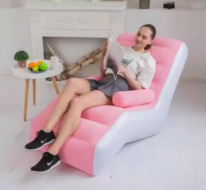 Premium Inflatable Lounge Chair with Back Support | Comfortable Air Sofa Recliner for Living Room, Bedroom & Balcony | Portable Relaxing Couch (Pink & White)