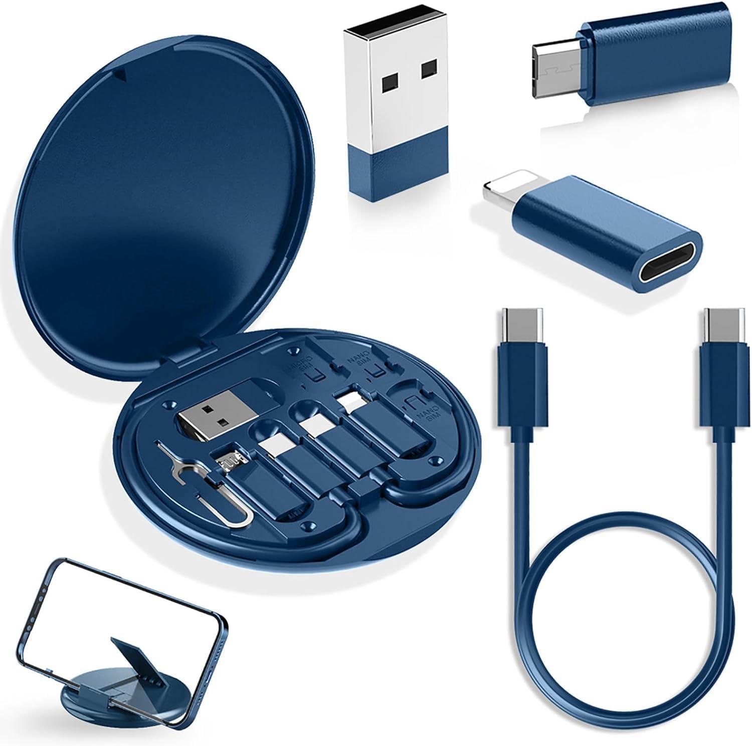 All-in-One Travel Cable Kit, USB Type-C to USB-A, Micro, iOS Adapters, 60W Fast Charging, SIM Card Storage with Ejector Pin, Phone Stand