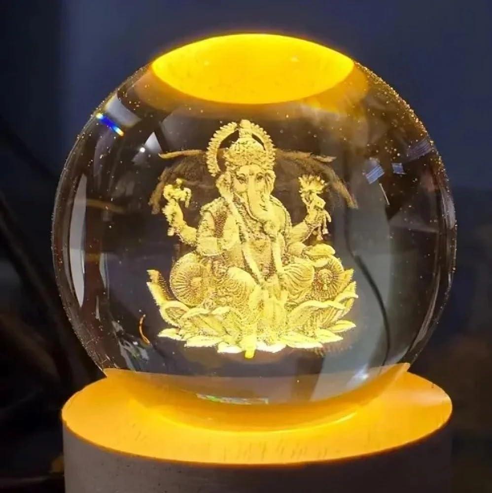 3D Ganesha Crystal Globe Lamp | K9 Crystal LED Night Light | Spiritual Home & Office Decor