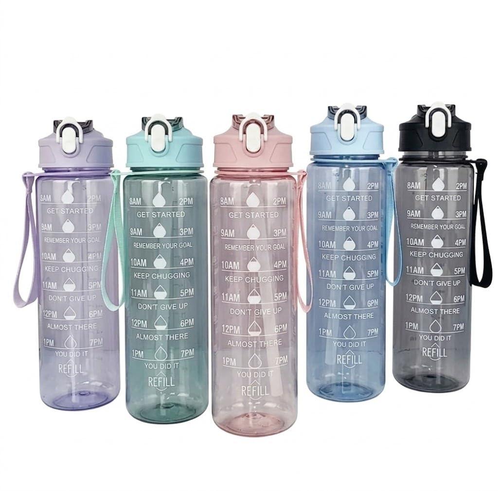 Motivational Time Marker Water Bottle 1L (1000ml) BPA Free Leakproof Drinking Bottle with Straw & Carry Strap – Daily Water Intake Tracker Gym Sports Bottle for Men Women